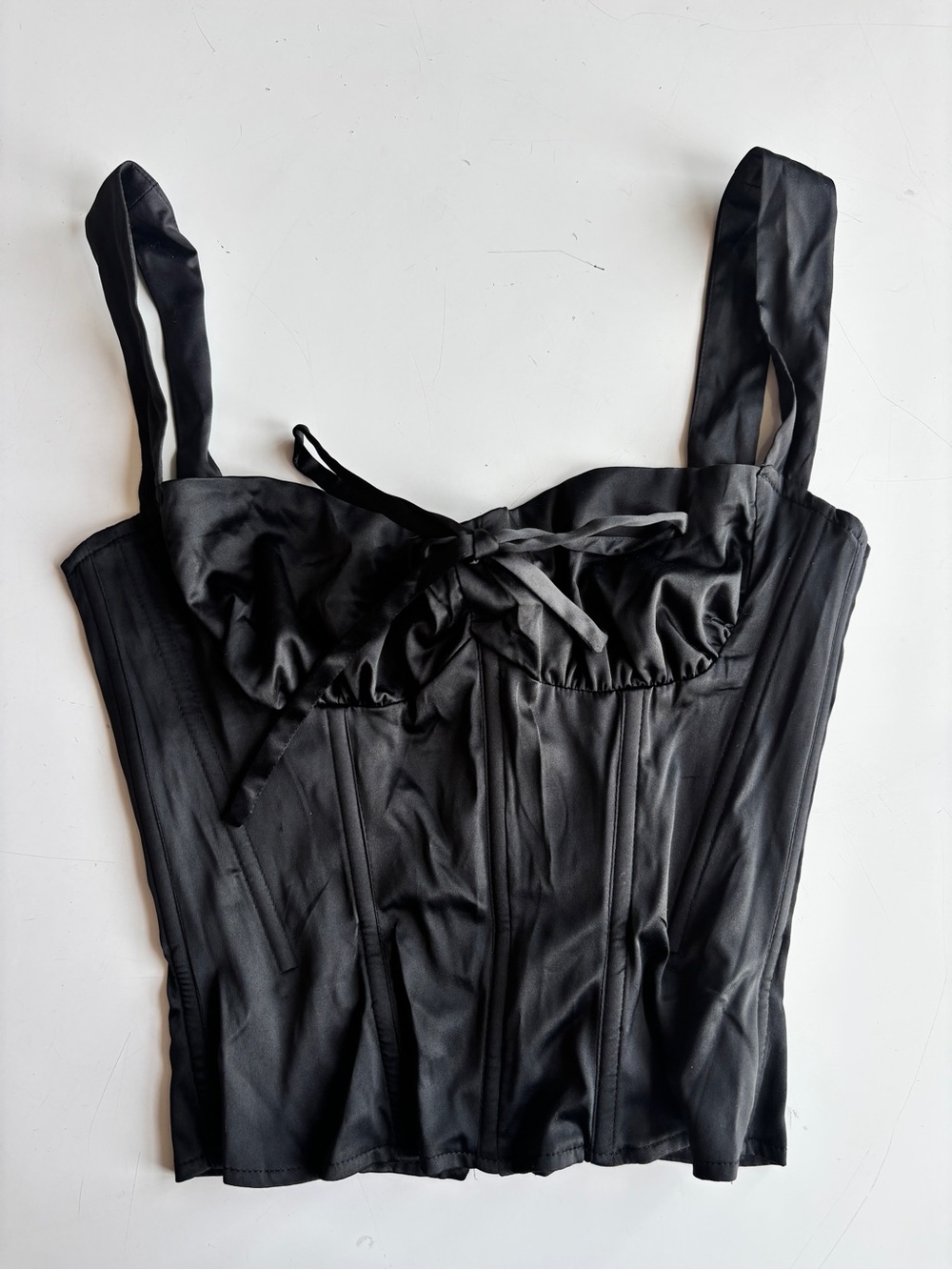 Miaou Black Satin Corset Top with Boning Detail